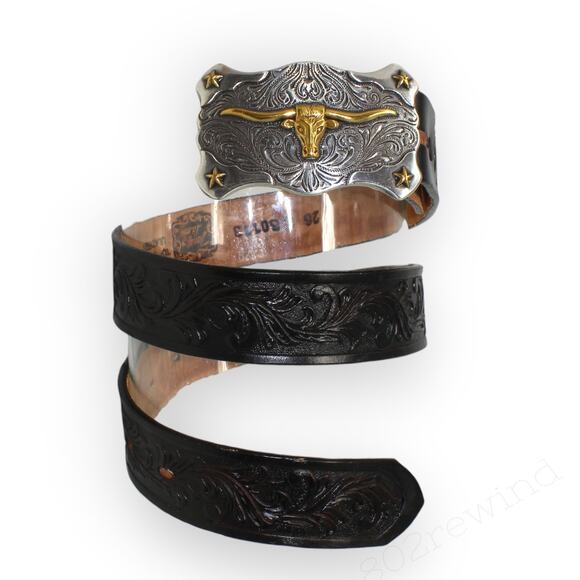26 Tony Lama Kids Little Texas Belt Longhorns Buckle Silver Gold Tooled USA - Picture 1 of 14